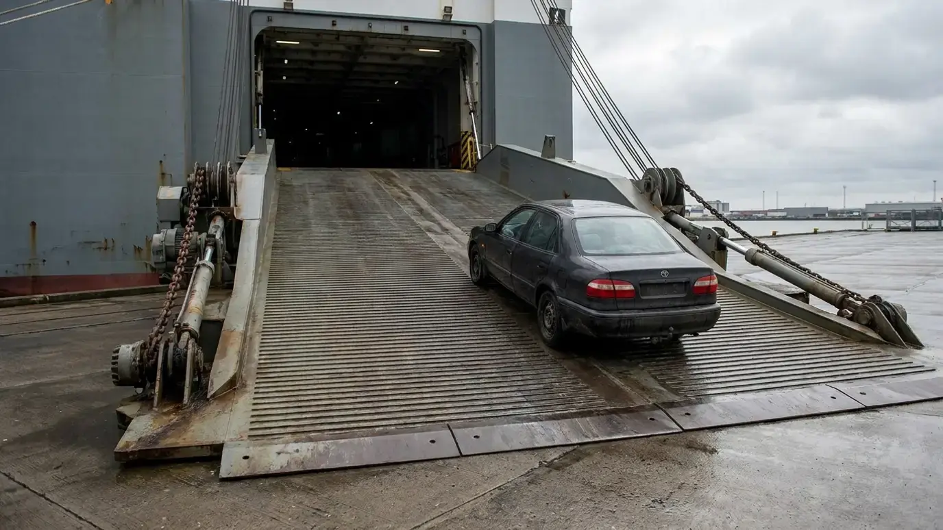 Looking up the steel stern ramp of a car carrier from the quay, with a used sedan part-way up it and the vessel's stern door open above