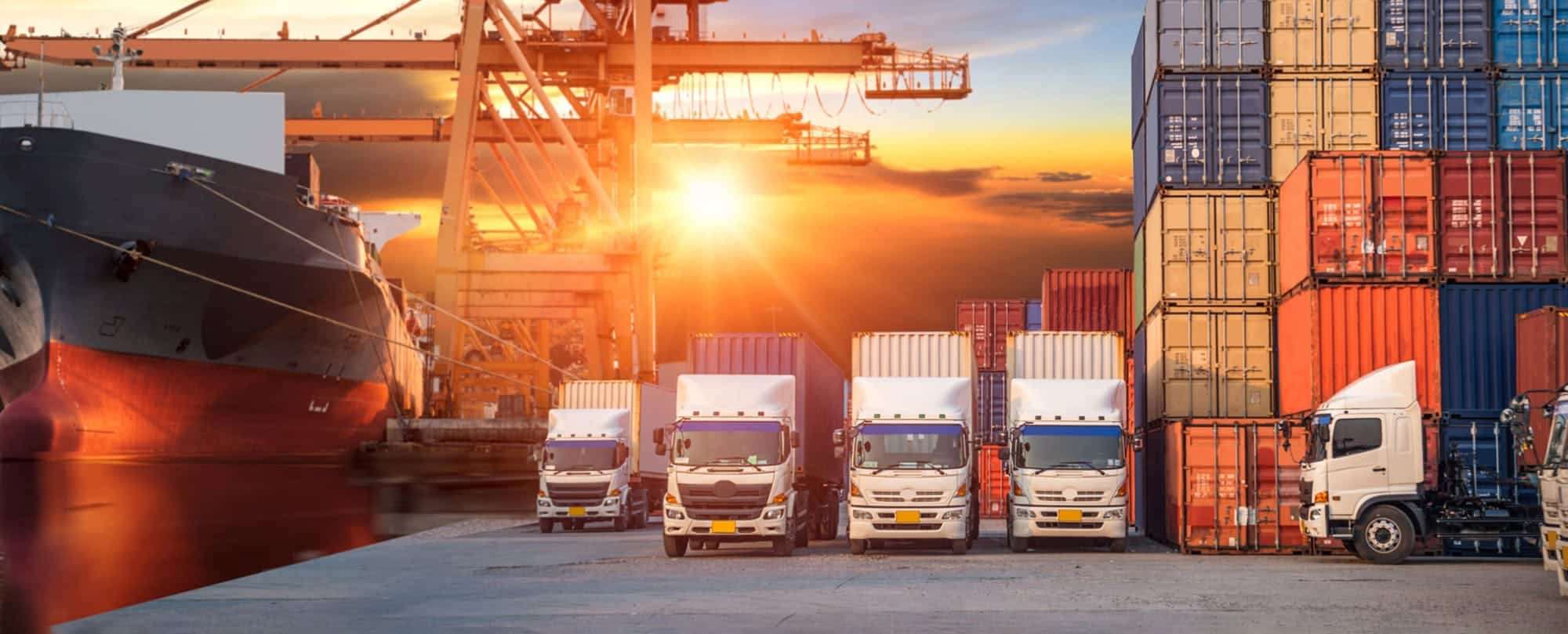 Freight aircraft, container ship and haulage truck representing multimodal transport