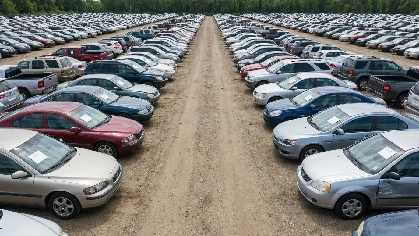 Long rows of used cars and SUVs parked in an outdoor vehicle auction lot, several showing accident damage