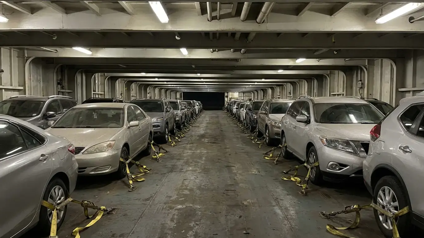 Rows of vehicles lashed to the steel deck of an enclosed car carrier under low overhead clearance