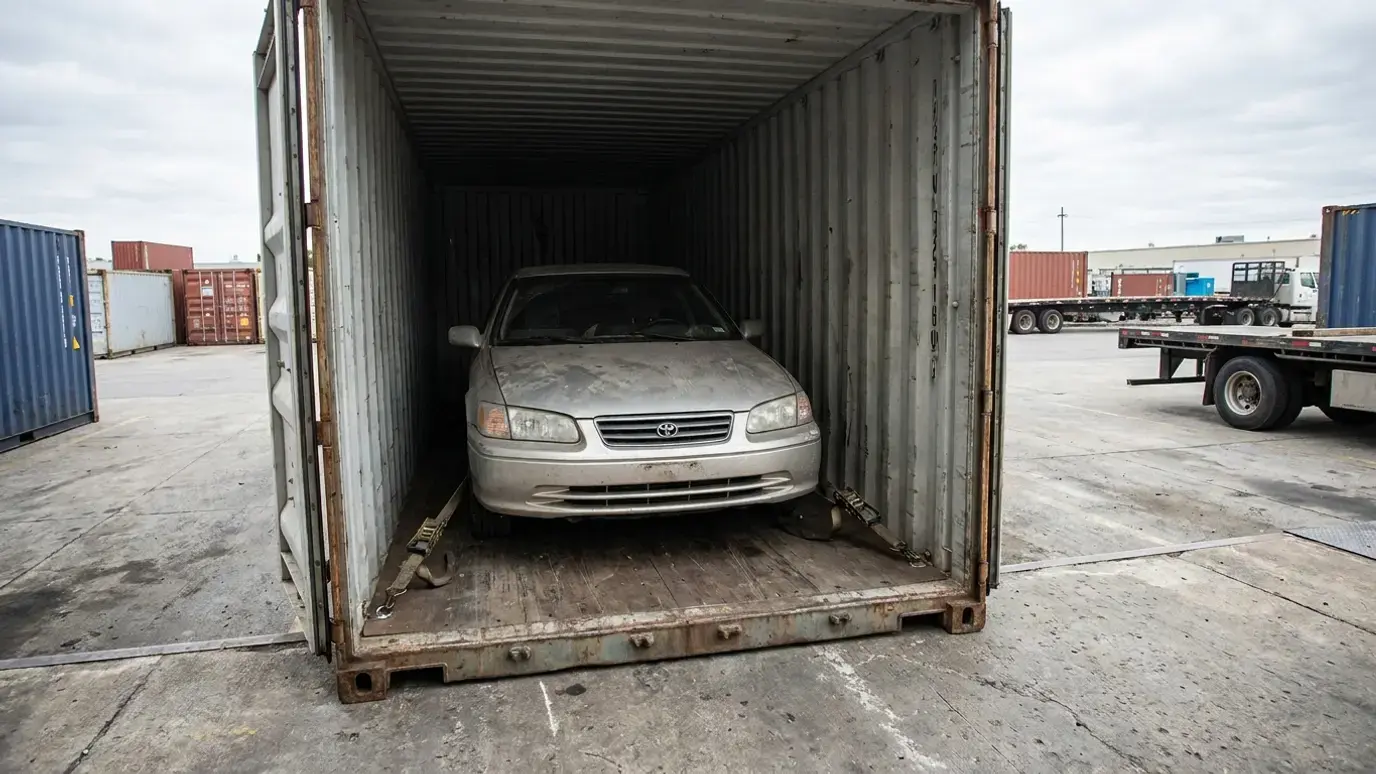 A used sedan positioned inside an open forty-foot shipping container, its wheels strapped to lashing rings on the container floor