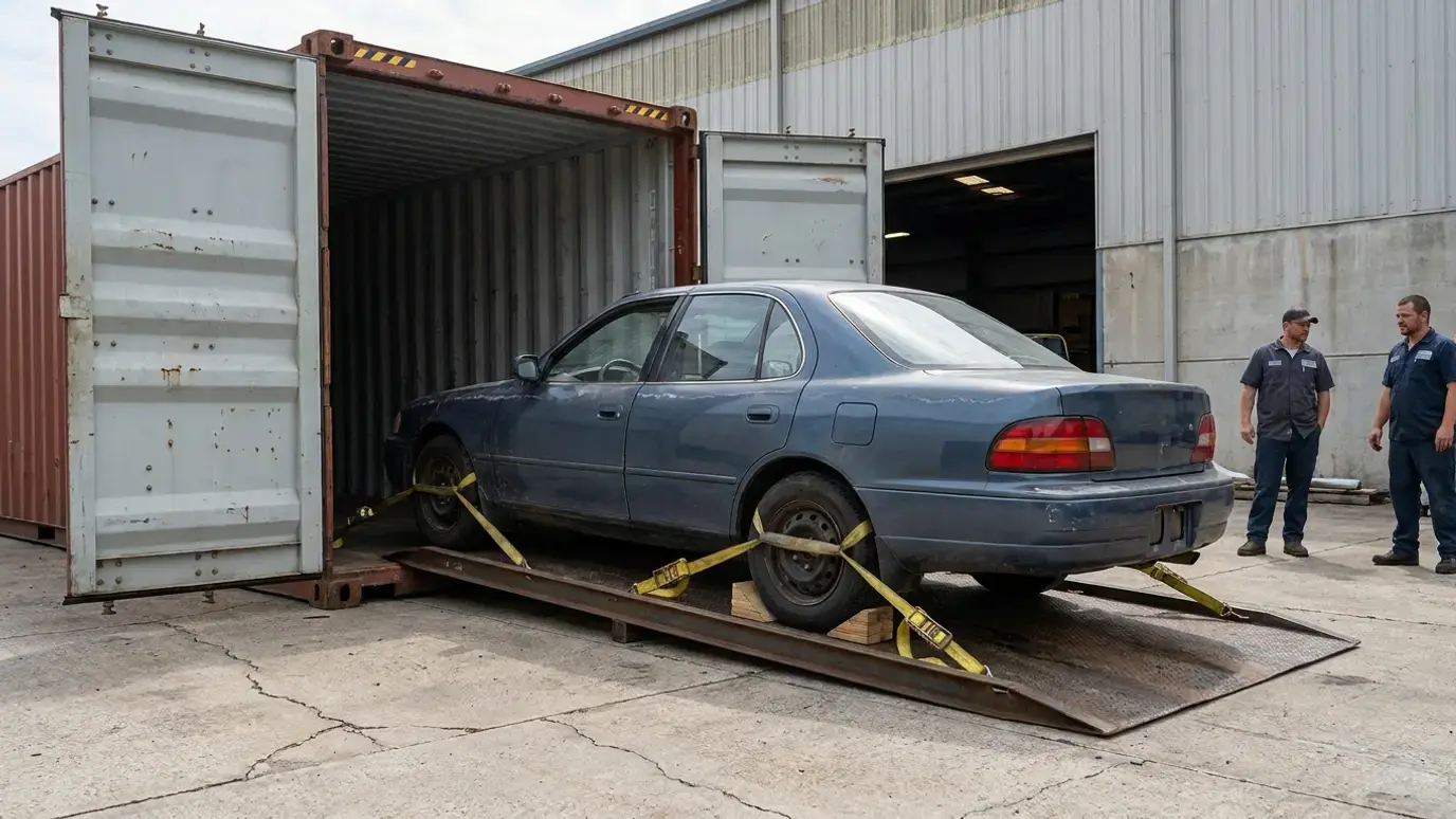 A used sedan being loaded up a steel ramp into a forty-foot shipping container, secured with ratchet straps at the wheels