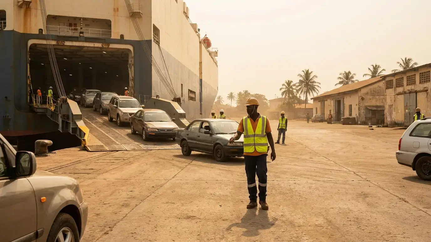 Used cars driving down the stern ramp of a car carrier onto a quay at a West African port in bright sunlight