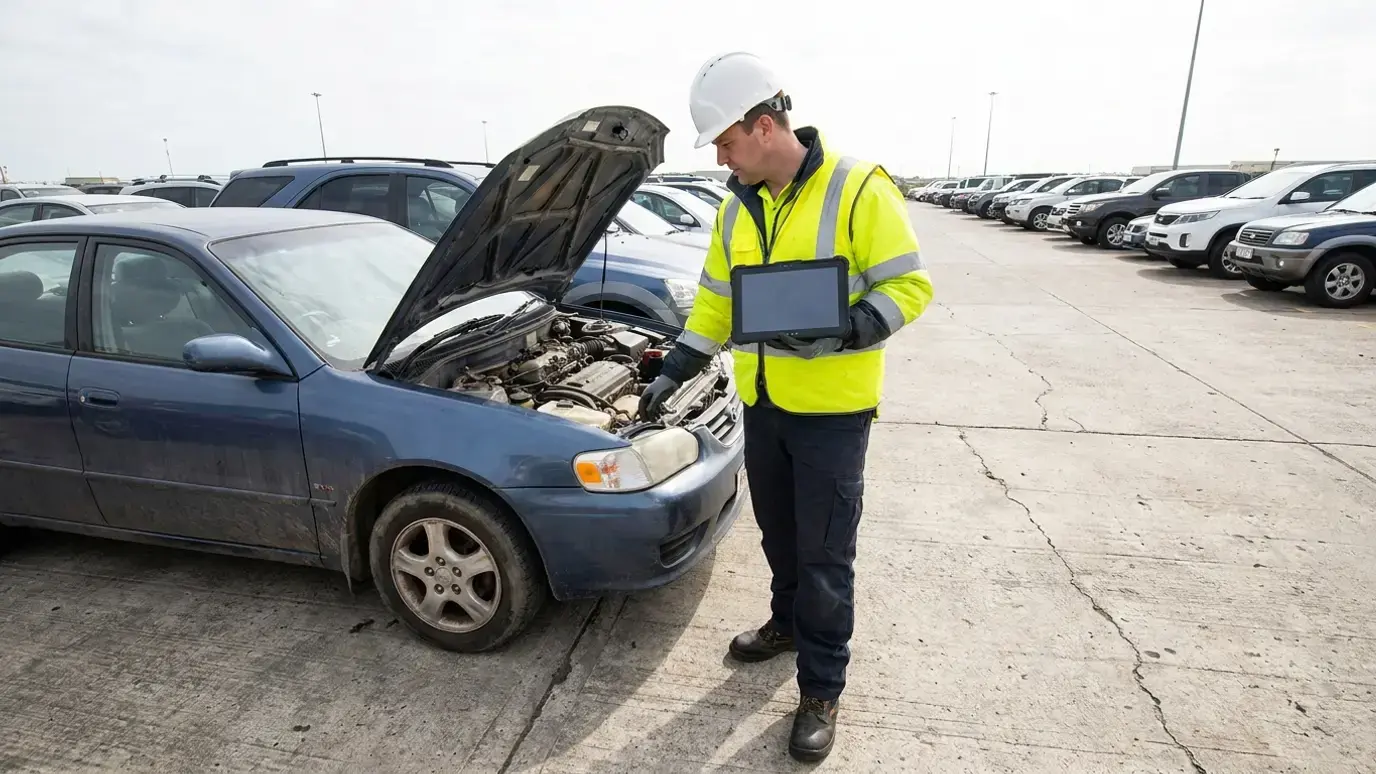 A port inspector in a high-visibility vest examining a used car with the bonnet raised, holding a rugged tablet