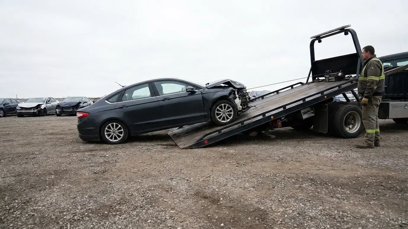 A damaged sedan with front-end collision damage being winched onto a flatbed tow truck at a salvage yard