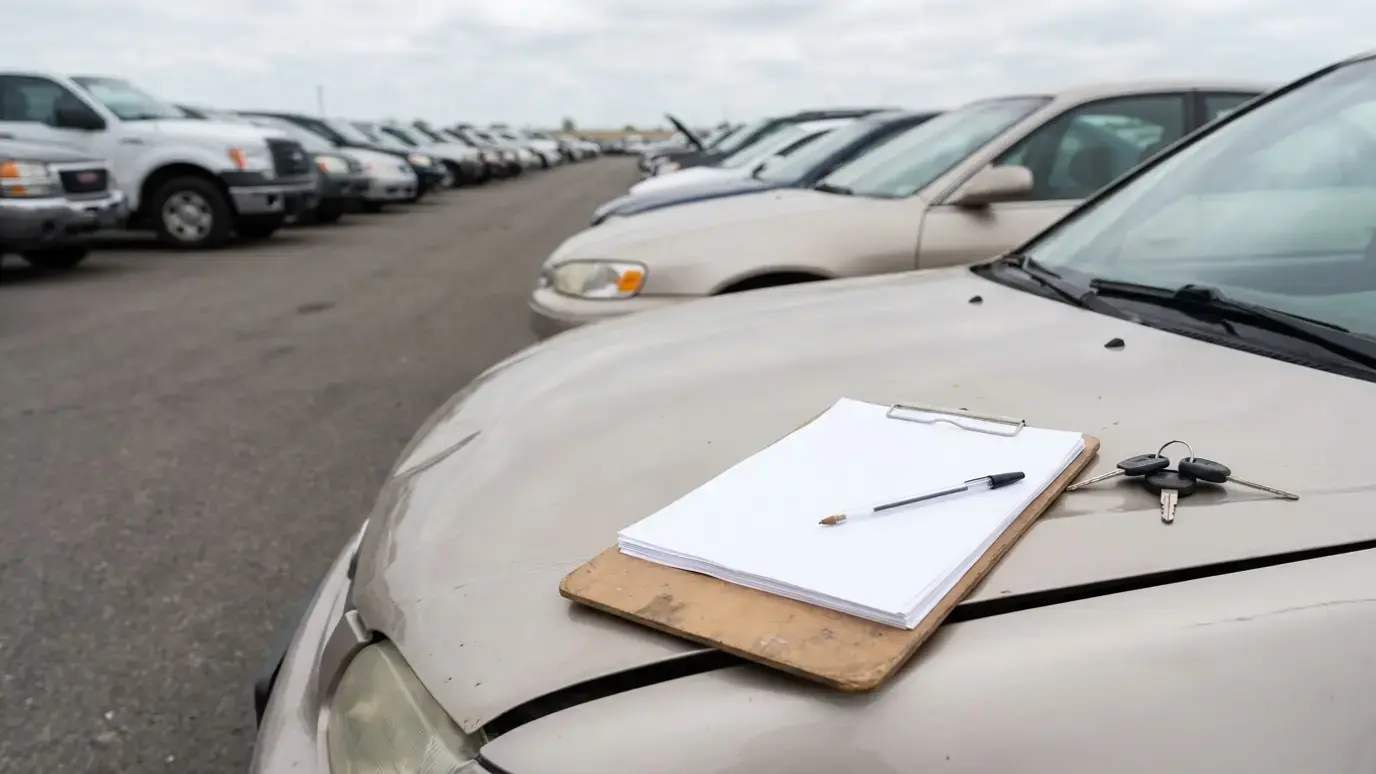 A clipboard of blank forms and a set of car keys resting on the bonnet of a used sedan in a vehicle yard