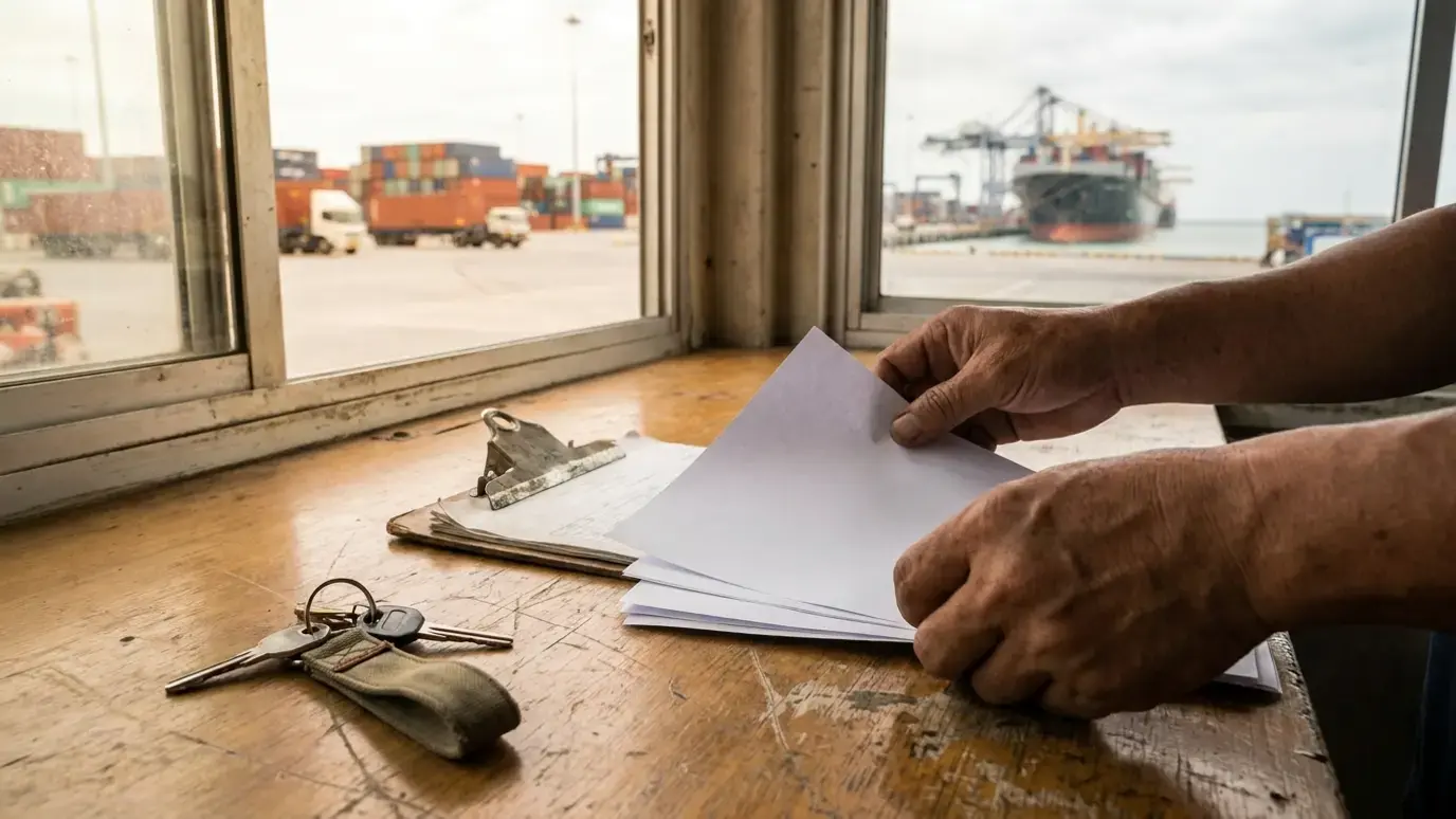 A pair of hands sorting a small stack of blank documents on a desk beside a clipboard and a set of car keys, with a port visible through the window