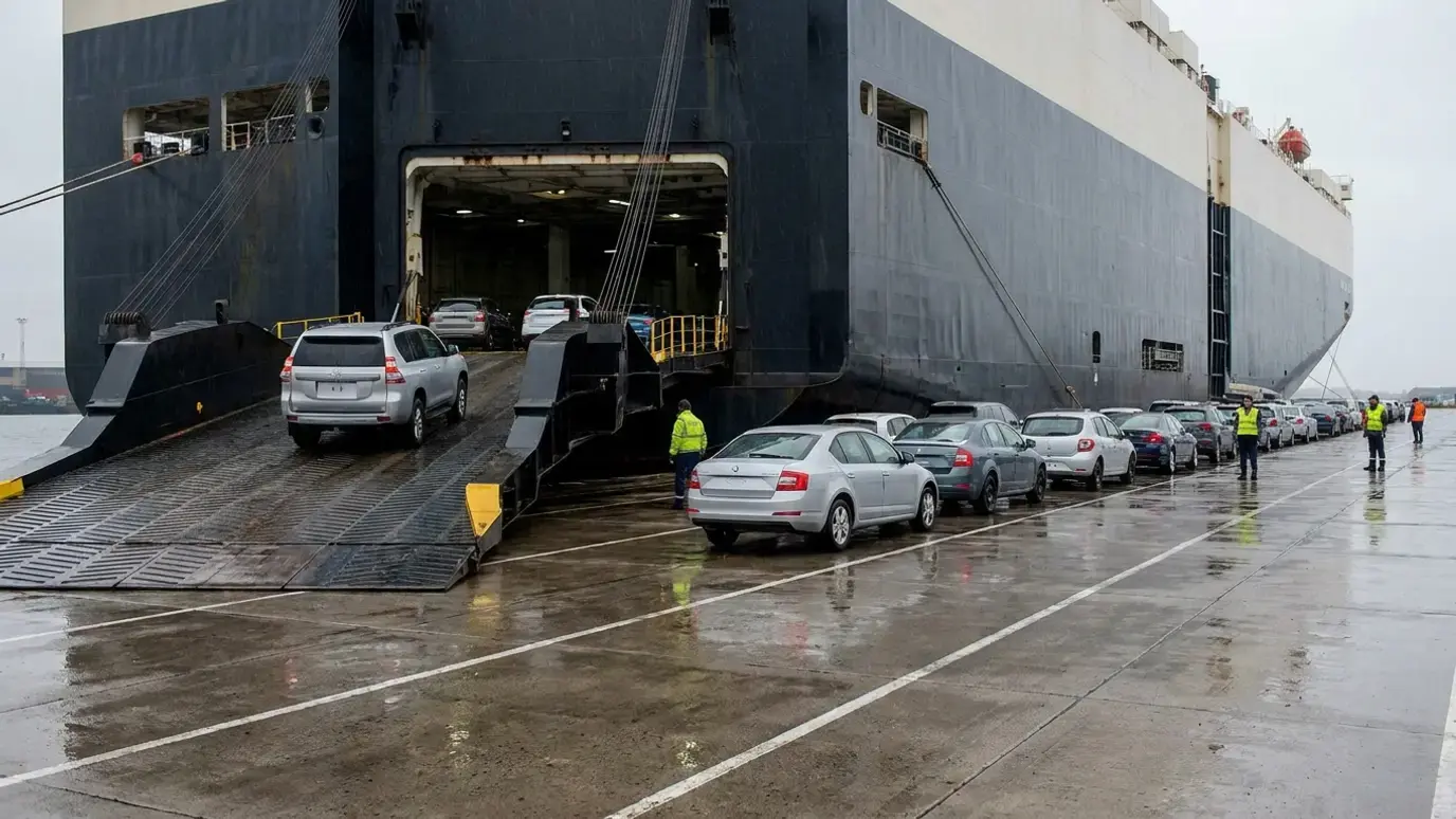A used car being driven up the stern ramp of a roll-on roll-off vessel at a port terminal