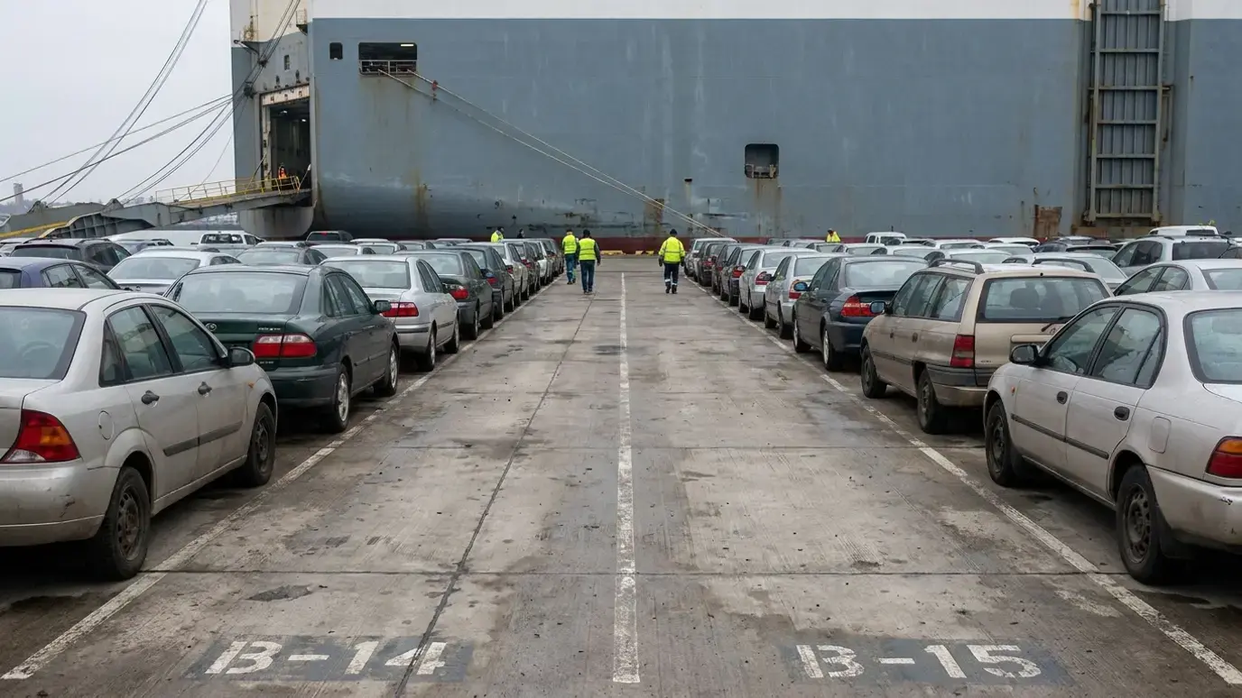 Two rows of used sedans nose to tail at an automotive port terminal, seen at eye level from the lane between them, with a moored car carrier behind