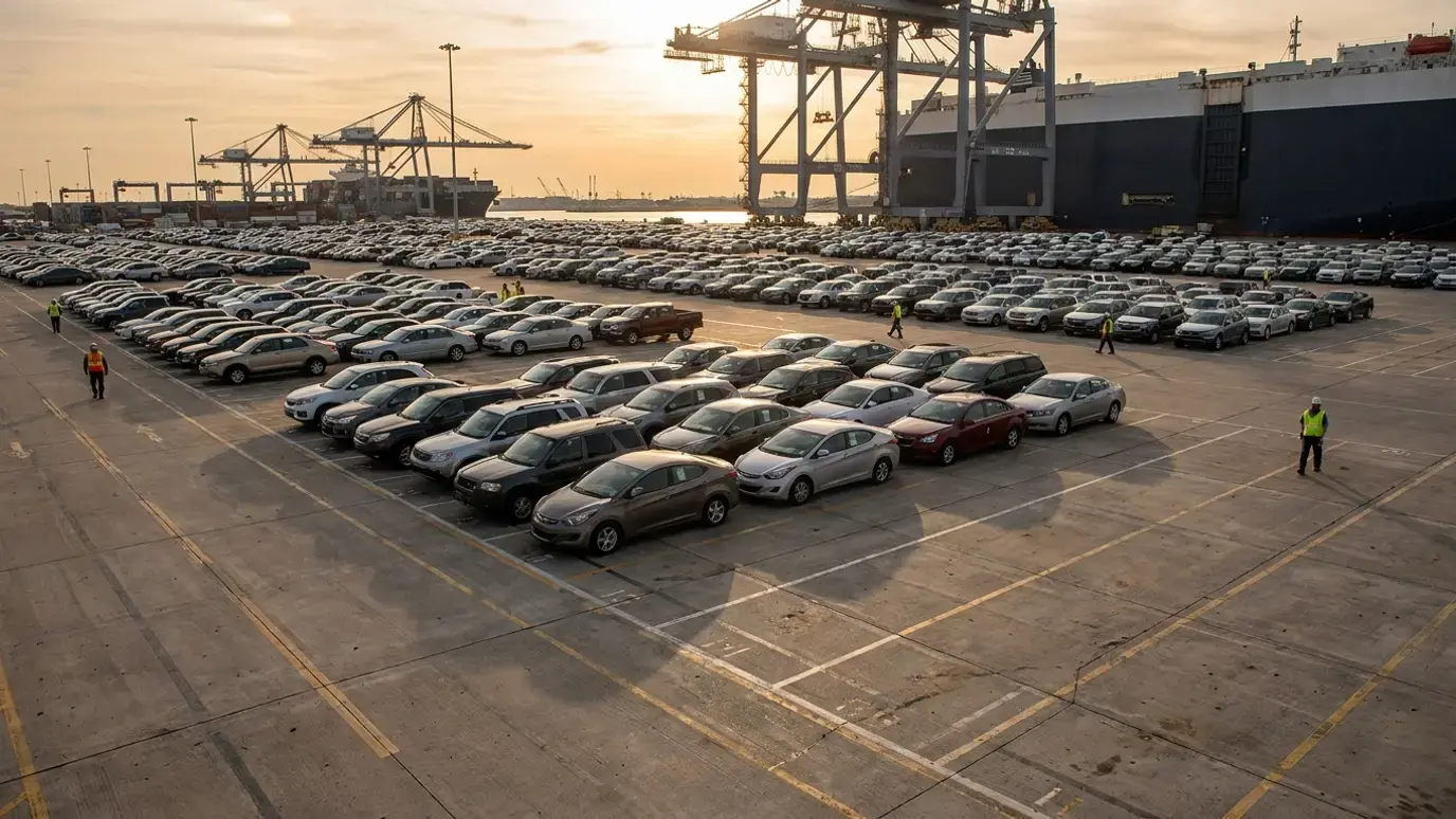 Used vehicles staged in marked bays at an automotive port terminal with gantry cranes and a moored car carrier behind
