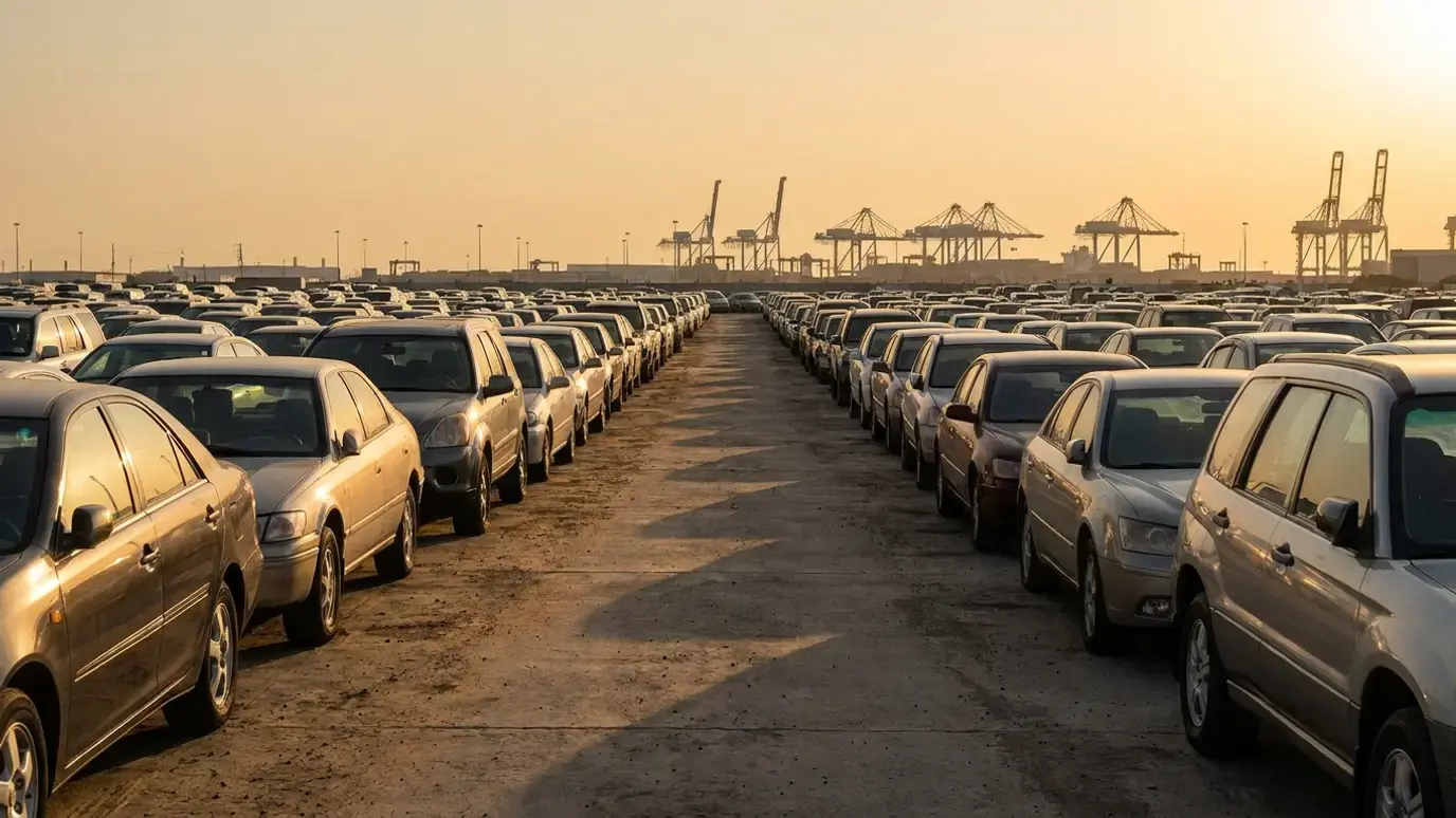 Rows of used cars and SUVs parked along a lane in a vehicle storage yard at golden hour, with port cranes on the horizon