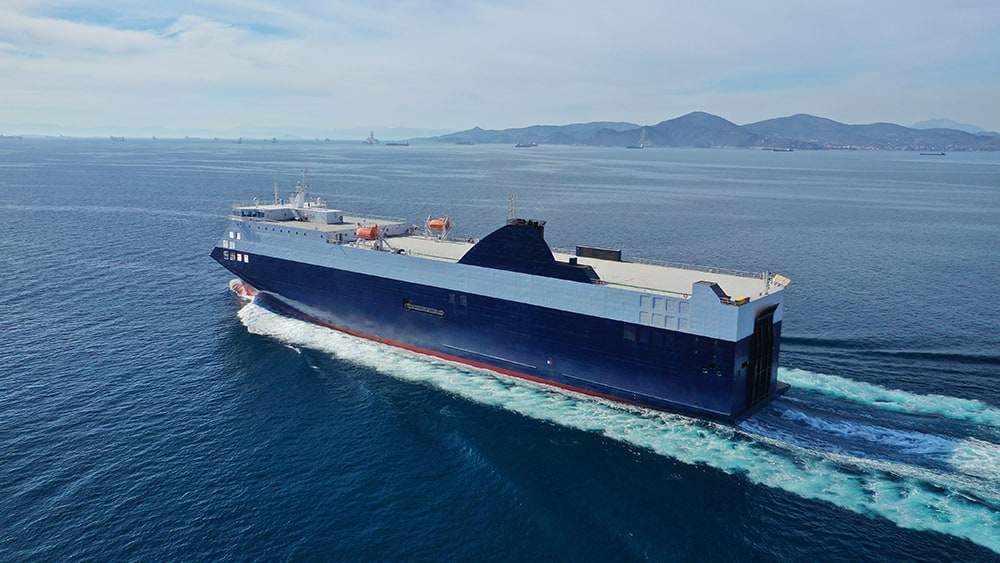 Loaded container ship under way on open water